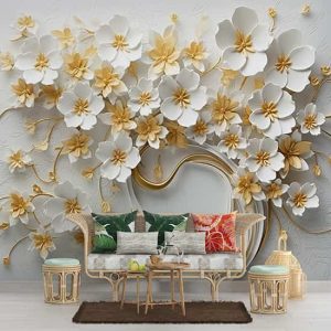 3D Gold ve Beyaz Çiçek Duvar Kağıdı YF-02513