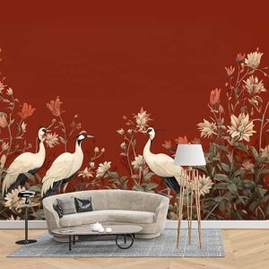 Turna Kuşları ve Çiçek Desenli Kırmızı Duvar Kağıdı YF-02517