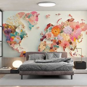 Çiçekli Dünya Haritası Tek Parça Duvar Kağıdı YH-02268