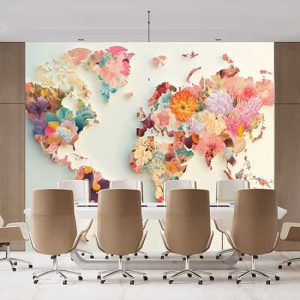 Çiçekli Dünya Haritası Tek Parça Duvar Kağıdı YH-02268