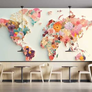 Çiçekli Dünya Haritası Tek Parça Duvar Kağıdı YH-02268
