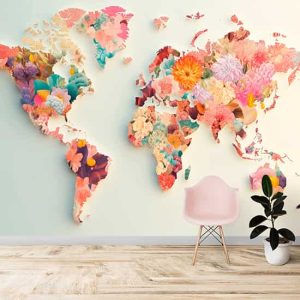 Çiçekli Dünya Haritası Tek Parça Duvar Kağıdı YH-02268