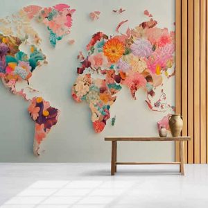 Çiçekli Dünya Haritası Tek Parça Duvar Kağıdı YH-02268