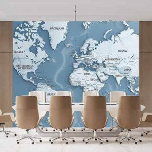 Ülkeler ve Okyanuslar Mavi Dünya Haritası Duvar Kağıdı YH-02271