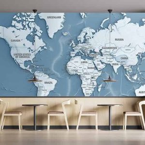 Ülkeler ve Okyanuslar Mavi Dünya Haritası Duvar Kağıdı YH-02271