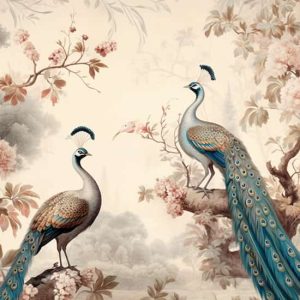 Tavus Kuşları ve Çiçekler Vintage Poster Duvar Kağıdı YH-02291