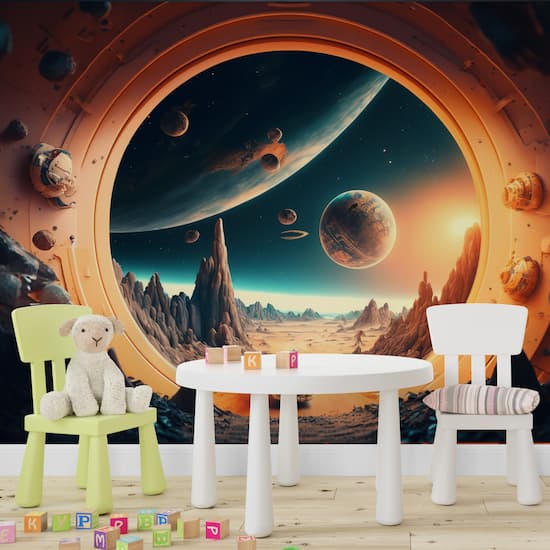 Kampanyalı Tekstil Duvar Kağıdı 3D Uzay Gemisi Gezegenler Çocuk Odası Poster 200x200 YCO-00219