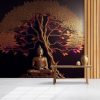 Kampanyalı Duvar Kağıdı 3D Altın Renkli Ağaç Buda Heykeli Poster 200X150 YM-00162