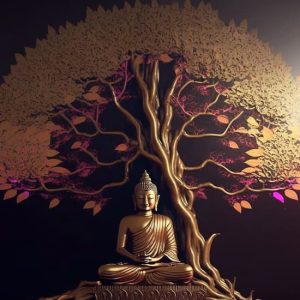 Kampanyalı Duvar Kağıdı 3D Altın Renkli Ağaç Buda Heykeli Poster 200X150 YM-00162