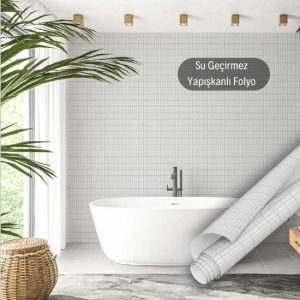 Mat Beyaz Porselen Görünümlü Mozaik Desenli Yapışkanlı Folyo 45 cm ve 90 cm Rulo Çeşitleri Dekoros'ta! Kaplama Kağıdı ve Fayans Desenli Folyolar için Tıkla!