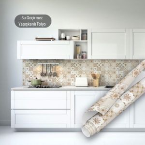 Bej Rengi Çini Desenli, Fayans Görünümlü, Yapışkanlı Folyo 45 ve 90 cm Rulo Çeşitleri Dekoros'ta! Su Geçirmez, Yüzey ve Tezgah Kaplama Folyolar için Tıkla!