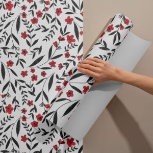 Siyah Kırmızı Çiçek Desenli Kaplama Folyo 45 cm ve 90 cm Rulo Çeşitleri Dekoros'ta! Kendinden Yapışkanlı, Desen Takipli, Kaplama Folyolarını İncele!