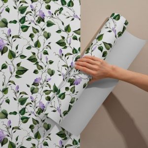 Yeşil Yapraklar Mor Çiçekler Yapışkanlı Folyo 45 cm ve 90 cm Rulo Çeşitleri Dekoros'ta! Kendinden Yapışkanlı, Desen Takipli, Kaplama Folyoları için Tıkla!