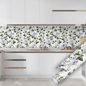 Yeşil Yapraklar Mor Çiçekler Yapışkanlı Folyo 45 cm ve 90 cm Rulo Çeşitleri Dekoros'ta! Kendinden Yapışkanlı, Desen Takipli, Kaplama Folyoları için Tıkla!