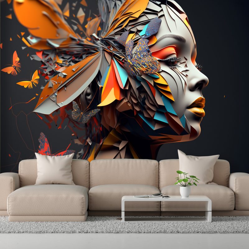 3D Soyut Kadın Duvar Kağıdı Renkli Kelebekler İle Çevrili Kadın Tek Parça Kafe Salon Ofis Poster YK-00597