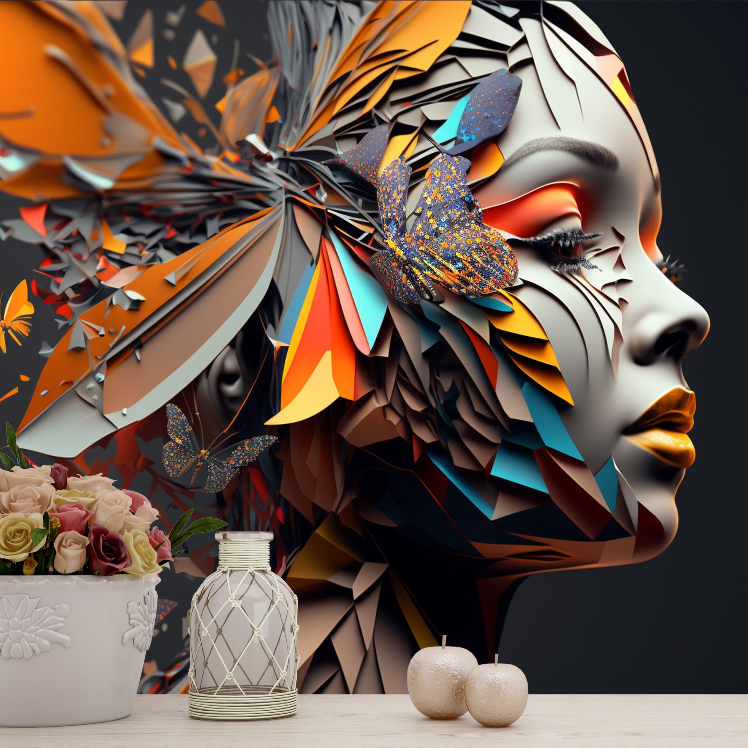 Kampanyalı Duvar Kağıdı Renkli Kelebekler İle Çevrili Kadın 3d YK-00597 Silinebilir Salon, Cafe, Çocuk Odası Duvar Kağıtları Poster Modelleri Dekoros.com'da