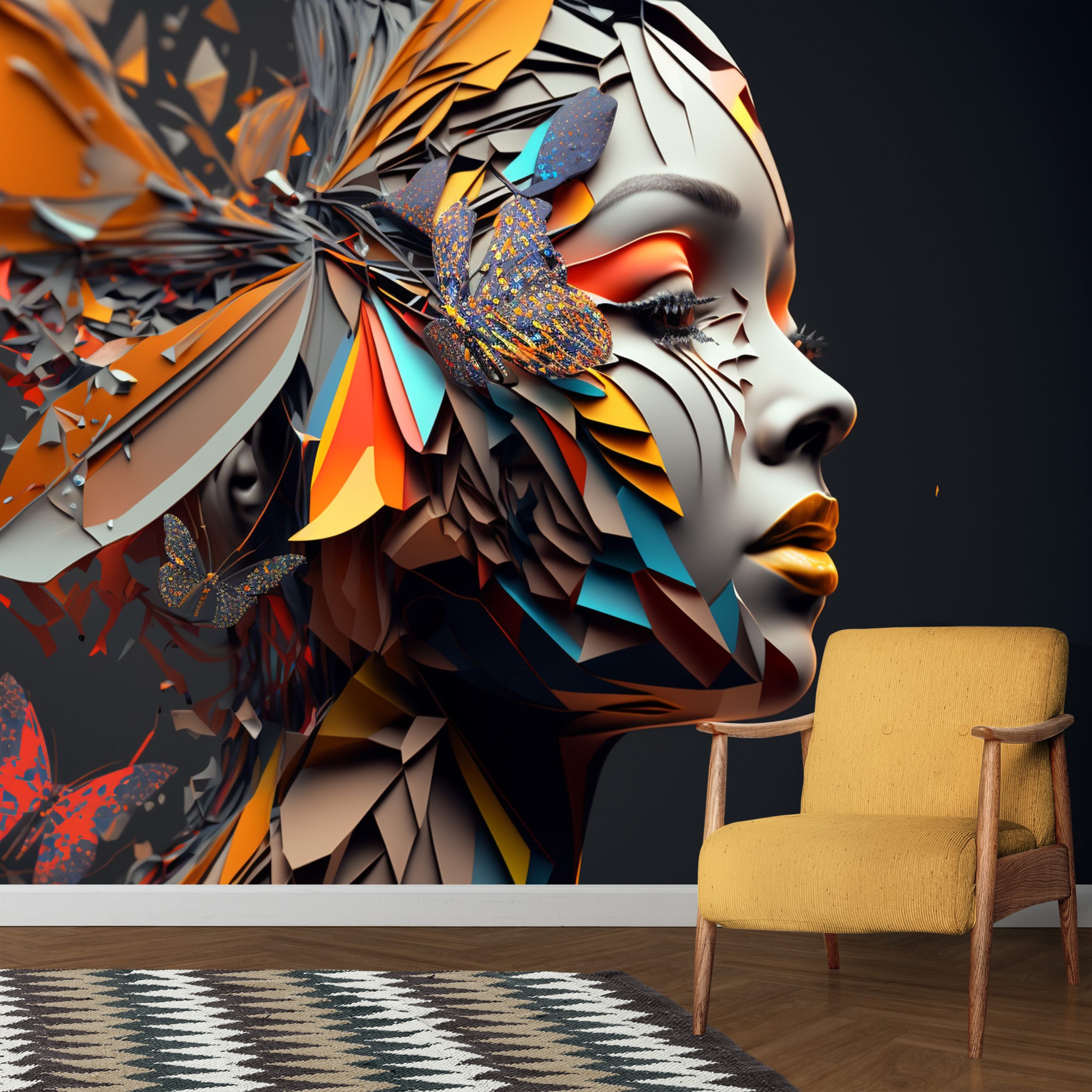 Kampanyalı Duvar Kağıdı Renkli Kelebekler İle Çevrili Kadın 3d YK-00597 Silinebilir Salon, Cafe, Çocuk Odası Duvar Kağıtları Poster Modelleri Dekoros.com'da