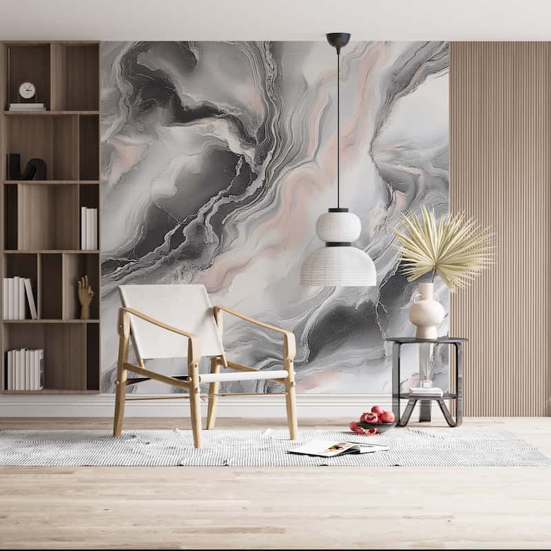 Gri ve Pembe Renkli Mermer Desenli Modern Oturma Odası Duvar Kağıdı YM-07003