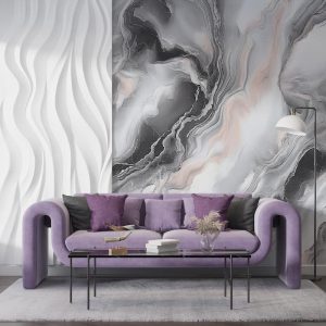 Gri ve Pembe Renkli Mermer Desenli Modern Oturma Odası Duvar Kağıdı YM-07003