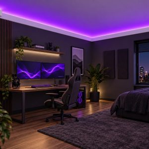 ACL-009 mor LED’li kartonpiyer kullanılan modern gamer odası dekorasyonu