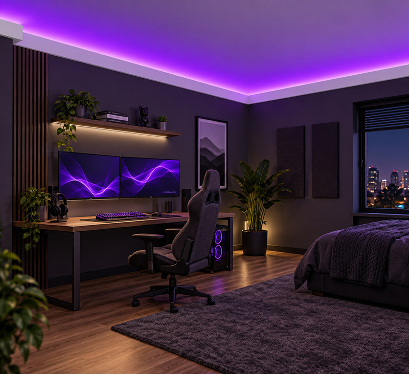 ACL-009 mor LED’li kartonpiyer kullanılan modern gamer odası dekorasyonu