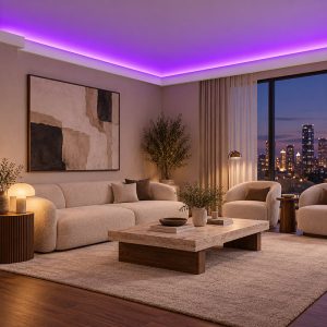 Lüks salonda mor ışıklı ACL-009 LED kanallı kartonpiyer uygulaması