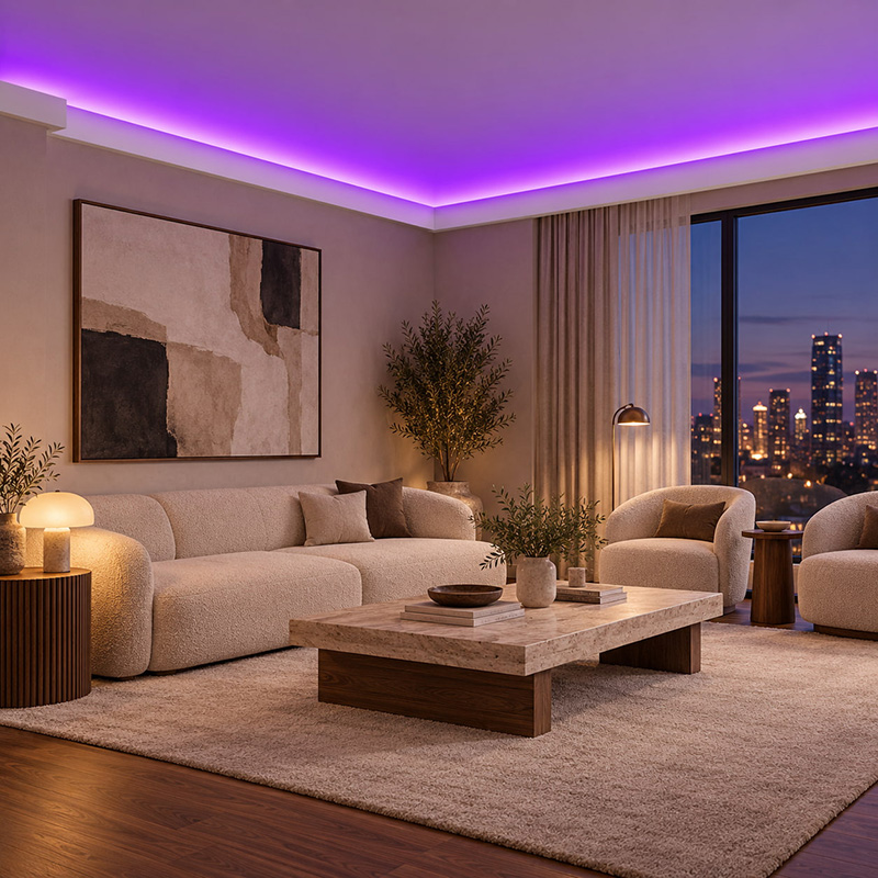 Lüks salonda mor ışıklı ACL-009 LED kanallı kartonpiyer uygulaması