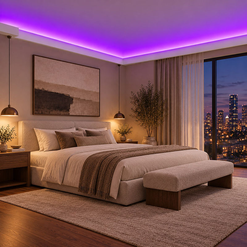 Yatak odasında mor dolaylı aydınlatmalı ACL-009 LED’li kartonpiyer