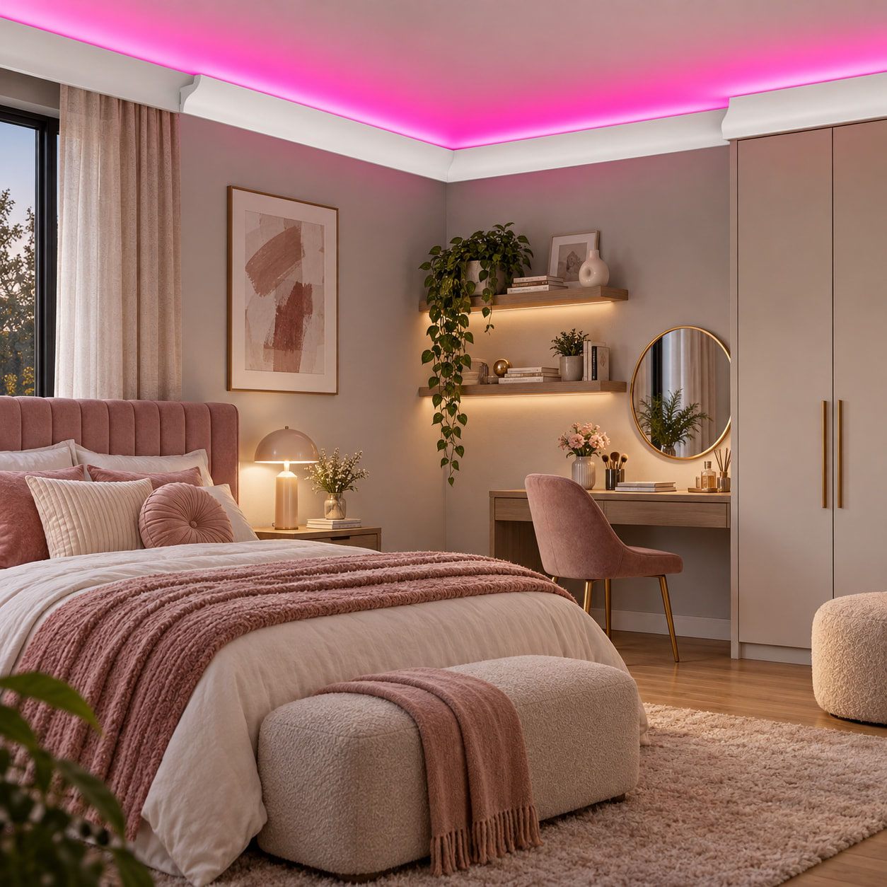 Modern yatak odasında pembe ışıklı ACL-006 LED’li kartonpiyer