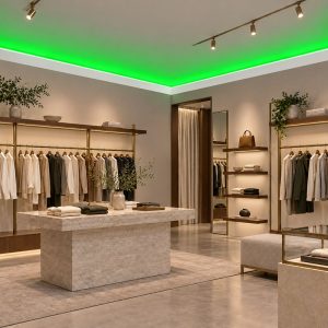 Mağazada yeşil LED aydınlatmayla uygulanan ACL-008 kartonpiyer modeli