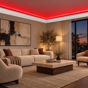 Modern salonda kırmızı ışıkla uygulanan ACL-011 LED’li kartonpiyer modeli