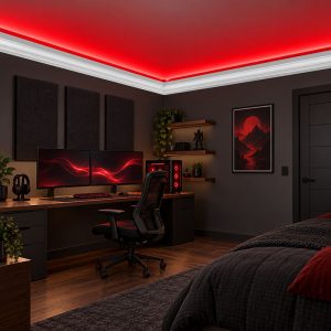 Kırmızı LED aydınlatmalı ACL-011 kartonpiyer uygulanan modern gamer odası