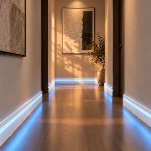 Duvar ve parke birleşiminde gizli LED kanallı 10 cm polimer süpürgelik ASL-006