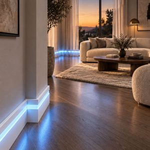 Modern salon girişinde gizli LED kanallı beyaz polimer süpürgelik ASL-006