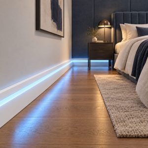 Yatak odasında kullanılan gizli LED kanallı beyaz lake polimer süpürgelik ASL-006