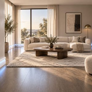 Geniş salonda mavi LED aydınlatmalı kapaklı polimer süpürgelik ASL-006