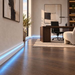 Modern ofiste kullanılan kapaklı LED kanallı beyaz lake süpürgelik ASL-006