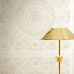 Lüks ev tasarımları için saray motifli krem ve gold detaylı panel ithal duvar kağıdı modelleri