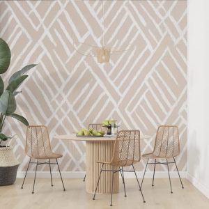 Beyaz ve Bej Renkli Geometrik Çizgili İskandinav Salon Duvar Kağıdı YMO-07016