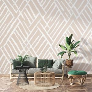 Beyaz ve Bej Renkli Geometrik Çizgili İskandinav Salon Duvar Kağıdı YMO-07016