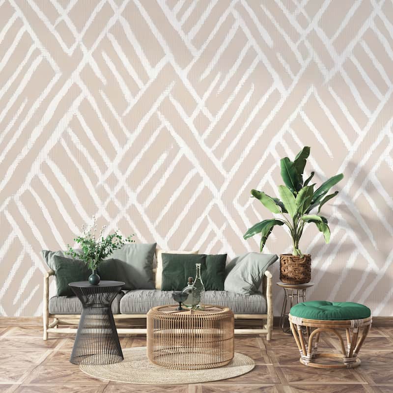 Beyaz ve Bej Renkli Geometrik Çizgili İskandinav Salon Duvar Kağıdı YMO-07016