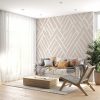 Beyaz ve Bej Renkli Geometrik Çizgili İskandinav Salon Duvar Kağıdı YMO-07016