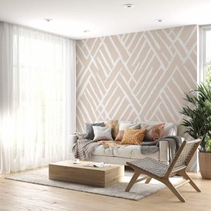 Beyaz ve Bej Renkli Geometrik Çizgili İskandinav Salon Duvar Kağıdı YMO-07016