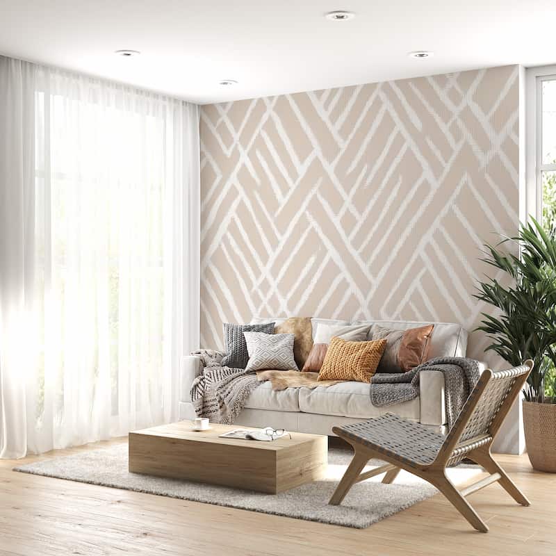 Beyaz ve Bej Renkli Geometrik Çizgili İskandinav Salon Duvar Kağıdı YMO-07016