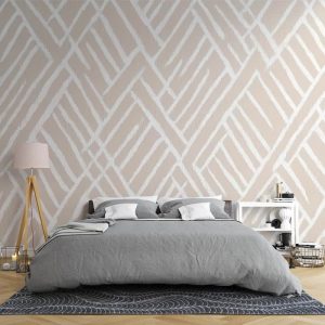 Beyaz ve Bej Renkli Geometrik Çizgili İskandinav Salon Duvar Kağıdı YMO-07016