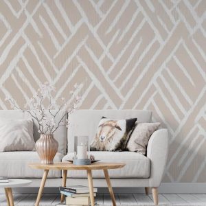 Beyaz ve Bej Renkli Geometrik Çizgili İskandinav Salon Duvar Kağıdı YMO-07016