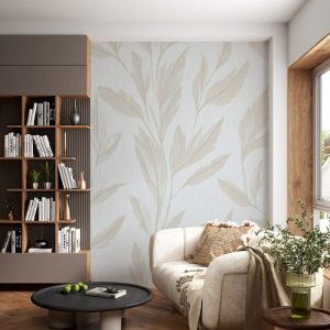 Beyaz ve Bej Tonlarında İnce Çizgisel Yapraklar Duvar Kağıdı YF-07008