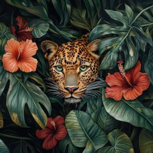 Egzotik Çiçekler ve Leopar Figürlü Modern Duvar Kağıdı YH-05092