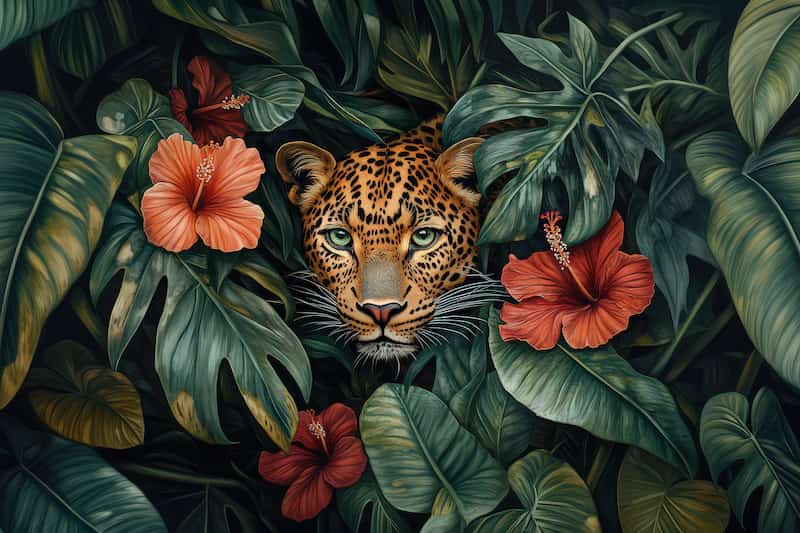 Egzotik Çiçekler ve Leopar Figürlü Modern Duvar Kağıdı YH-05092