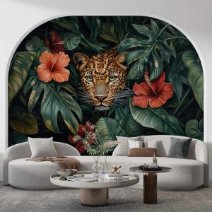 Egzotik Çiçekler ve Leopar Figürlü Modern Duvar Kağıdı YH-05092